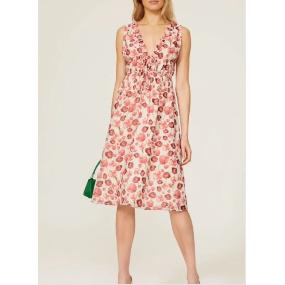 SIPOS Samantha Strawberry Floral Sleeveless Double Tie A-Line Midi Dress S